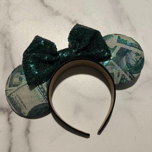 Money Print Mickey Mouse Ears with Green Sequin Bow